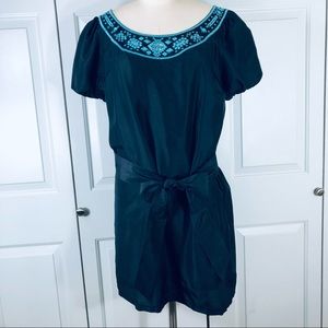 Tory Burch Silk Embroidered Puff Short Sleeves Sheath Black Lined Dress Size 14